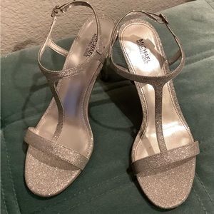 NEW! Michael Kors sz 8 Silver Glitter glam high heel sandals NWOB